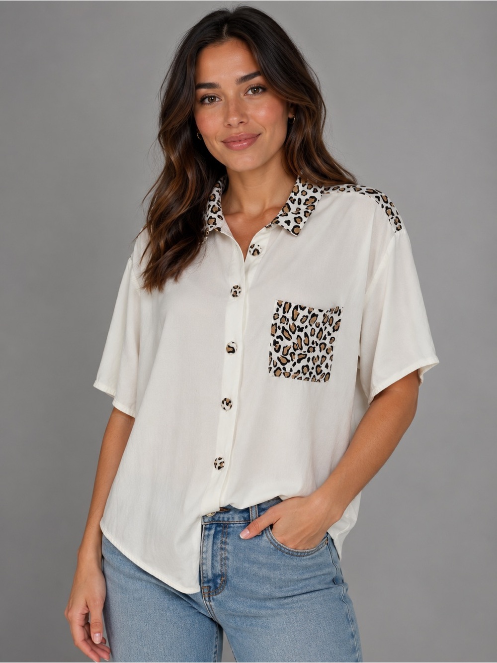 Leopard Trim white Button-Front Shirt - 0622